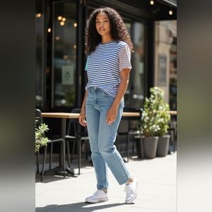 Lands' End Striped T Shirt Womens Large Tall Blue Tan Colorblock Short Sleeve